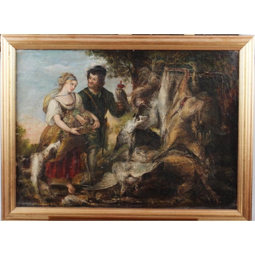 488 - A 17th century style oil on canvas, hunter and game, 13