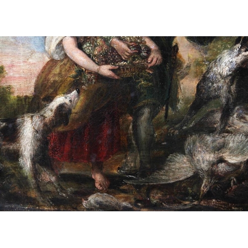 488 - A 17th century style oil on canvas, hunter and game, 13