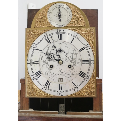 579 - A late Georgian provincial oak longcase clock with eight-day striking movement, silvered dial, gilt ... 