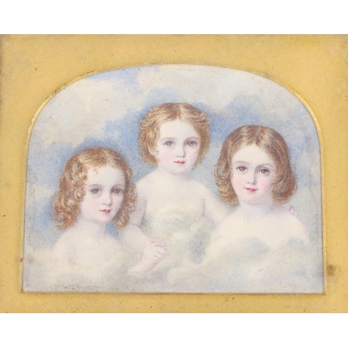 404 - A late 19th century miniature portrait painting of three young girls, in gilt mount and morocco leat... 