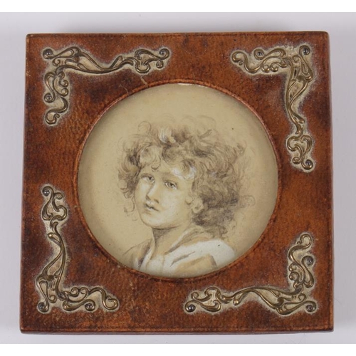 408 - A miniature portrait on paper, after an Old Master, in maple frame, and a smaller similar, in leathe... 