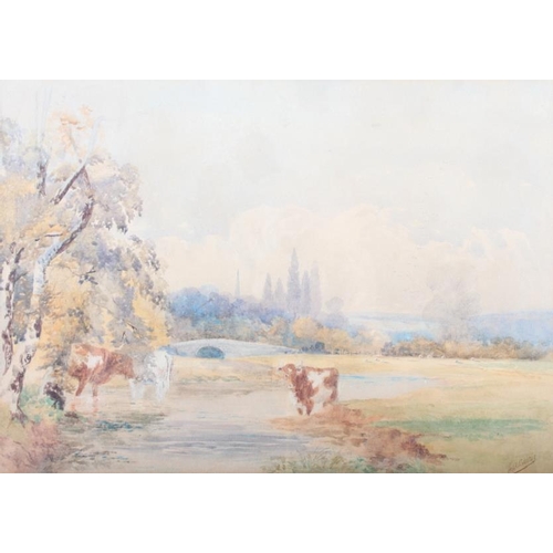 474 - L A Coates: watercolours, cows by a river, 10