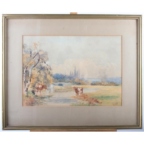 474 - L A Coates: watercolours, cows by a river, 10