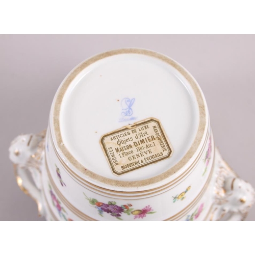 6 - A Dresden porcelain cache pot with ram's head handles and floral decoration, 5 1/2