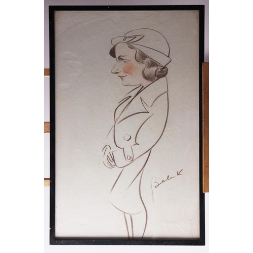 464 - Bela K?: a crayon portrait of a woman in a trench coat, 21 1/2