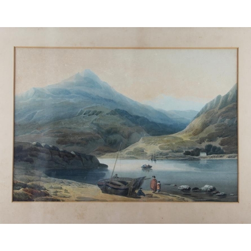 469 - An early 19th century watercolour, Highland coastal landscape with figures in foreground, 15 1/2