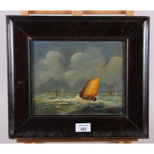 484 - W Thomas: oil on board, sailing ship on choppy waters, 7 1/4