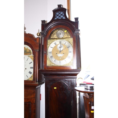 578 - A late Georgian mahogany long case clock with arch top dial, silver chapter ring, date window and se... 