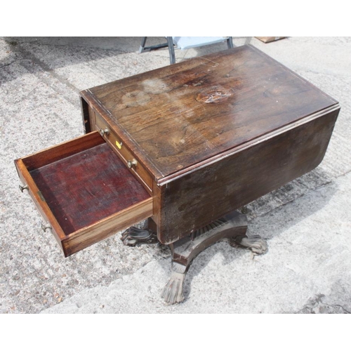 532 - A William IV rosewood flap top work table, fitted two drawers, on inverse tapering square column and... 