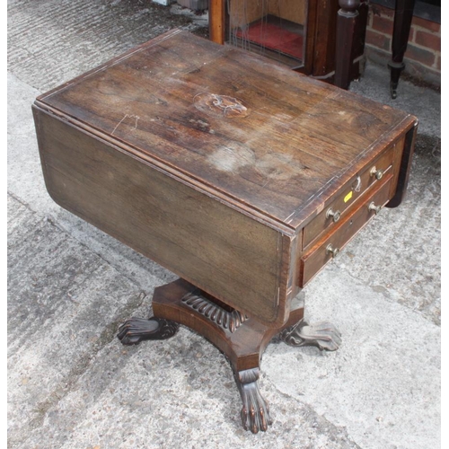 532 - A William IV rosewood flap top work table, fitted two drawers, on inverse tapering square column and... 