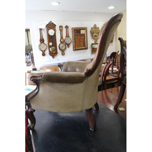 537 - A Victorian carved mahogany showframe armchair, upholstered in a mushroom velour, on cabriole scroll... 