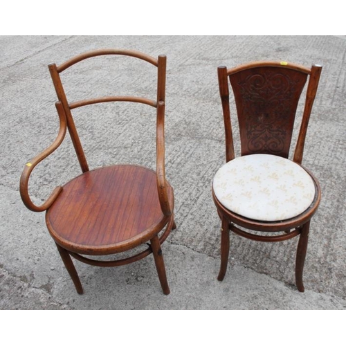 605 - A bentwood armchair, another similar with drop-in seat, and a bedroom chair with needlepoint seat