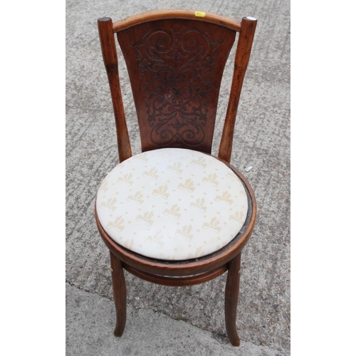 605 - A bentwood armchair, another similar with drop-in seat, and a bedroom chair with needlepoint seat