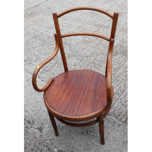 605 - A bentwood armchair, another similar with drop-in seat, and a bedroom chair with needlepoint seat