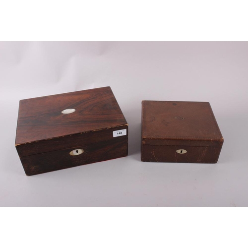 148 - A rosewood and mother-of-pearl sewing box, containing sewing supplies, and a leather jewellery box