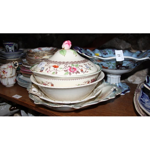 21 - Three pairs of Staffordshire dogs, a Taunton wash jug, bowl and basin, platters teacups, saucers and... 