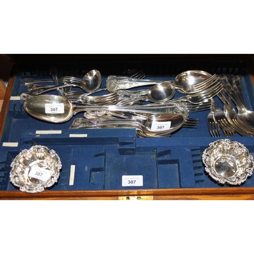 307 - A part matched set of silver plated Kings pattern flatware, a pair of Old Sheffield plated table sal... 