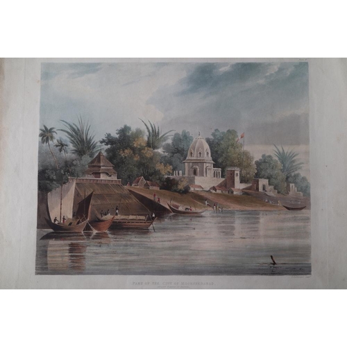 414 - T Sutherland: a set of three hand-coloured aquatints, Indian city views, unframed