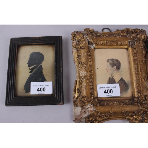 400 - Two early 19th century cut-paper silhouettes, one painted silhouette and a watercolour portrait of a... 