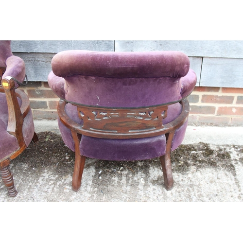 536 - A pair of late Victorian rosewood and line inlaid low seat armchairs, upholstered in a purple velour... 