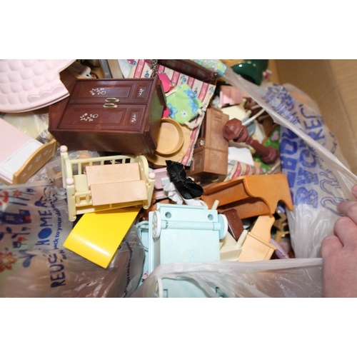 188 - A child's 1950s design dolls house, including furniture and Sylvanian Families style toys