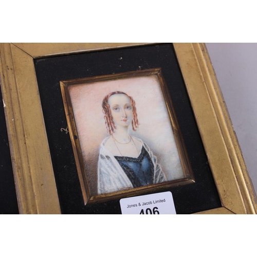 406 - A 19th century portrait miniature of a woman with auburn ringlets, in gilt frame and four other mini... 