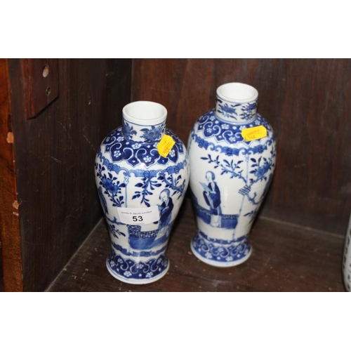 53 - A pair of 19th century Chinese blue and white vases, decorated panels with figures, birds and flora ... 