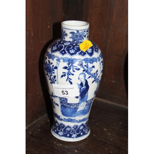 53 - A pair of 19th century Chinese blue and white vases, decorated panels with figures, birds and flora ... 