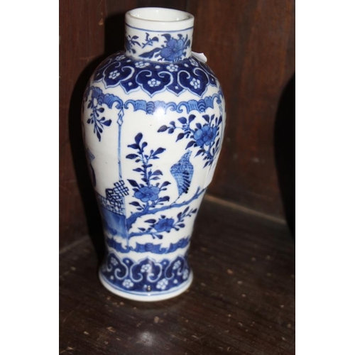 53 - A pair of 19th century Chinese blue and white vases, decorated panels with figures, birds and flora ... 