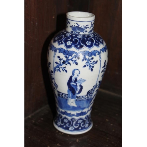 53 - A pair of 19th century Chinese blue and white vases, decorated panels with figures, birds and flora ... 