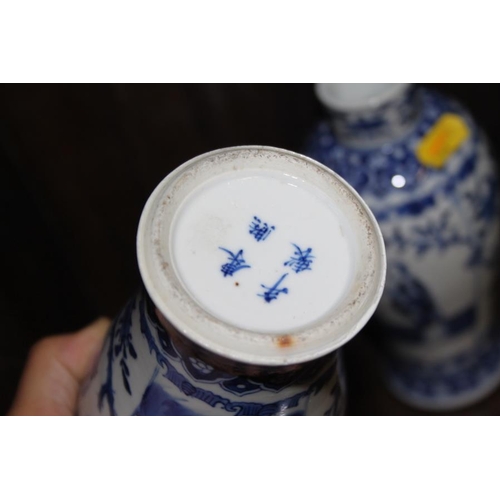 53 - A pair of 19th century Chinese blue and white vases, decorated panels with figures, birds and flora ... 