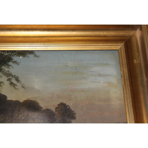 454 - An early 19th century watercolour, Raglan Castle, and C Schmidt: oil on canvas, lake scene