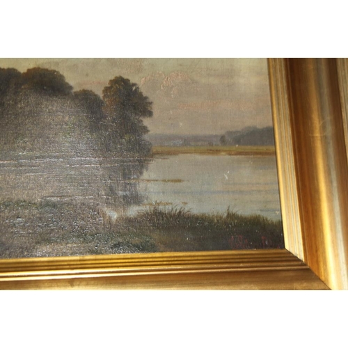 454 - An early 19th century watercolour, Raglan Castle, and C Schmidt: oil on canvas, lake scene