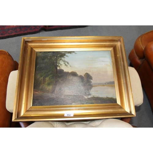 454 - An early 19th century watercolour, Raglan Castle, and C Schmidt: oil on canvas, lake scene