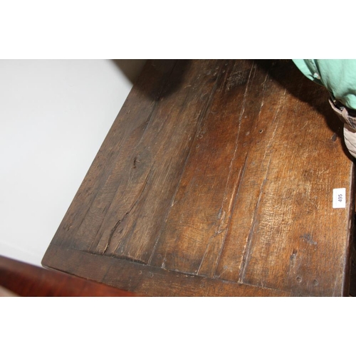 495 - An antique oak plank top refectory style dining table, on square taper stretchered supports, 82