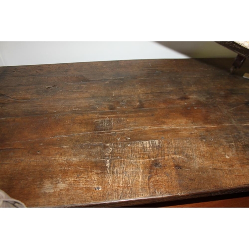 495 - An antique oak plank top refectory style dining table, on square taper stretchered supports, 82