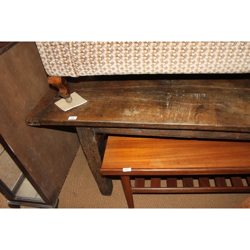 495 - An antique oak plank top refectory style dining table, on square taper stretchered supports, 82