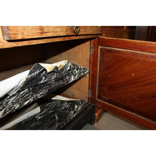 522 - A 19th century Aesthetic oak and inlaid marble top sideboard, fitted two drawers and cupboards, on e... 