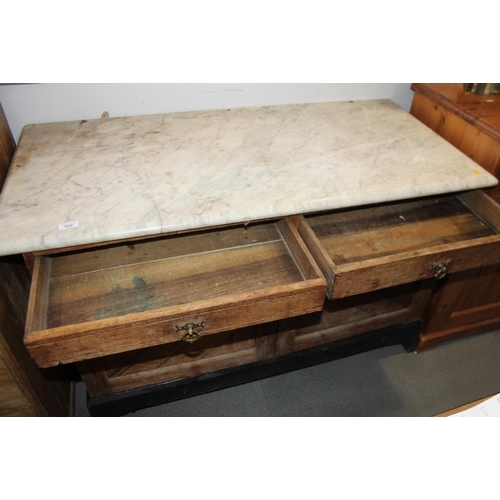 522 - A 19th century Aesthetic oak and inlaid marble top sideboard, fitted two drawers and cupboards, on e... 