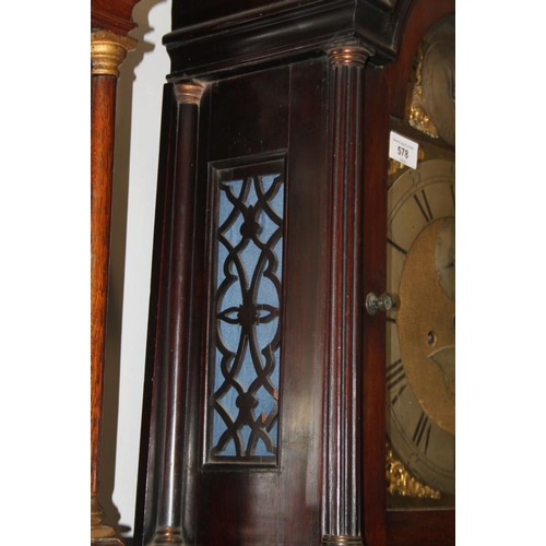 578 - A late Georgian mahogany long case clock with arch top dial, silver chapter ring, date window and se... 