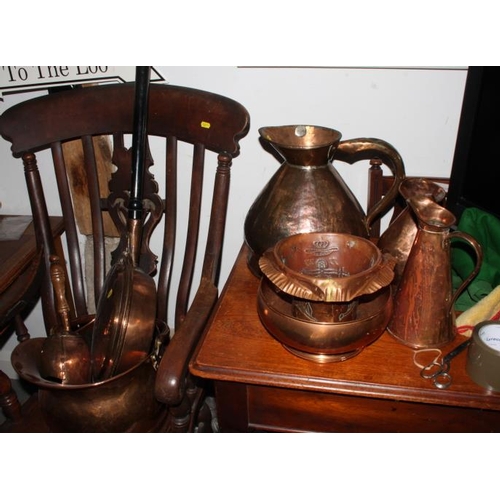 122 - Two copper flagons, a copper jug, a warming pan and other copper