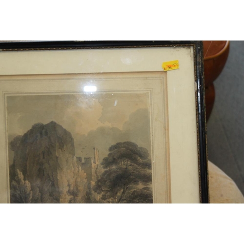 347 - An early 19th century watercolour, Raglan Castle, and C Schmidt: oil on canvas, lake scene