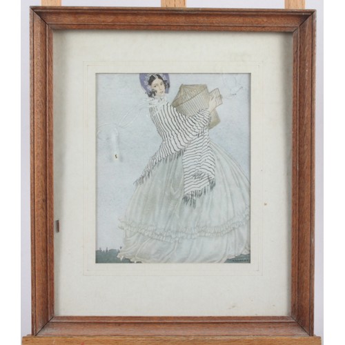 330 - After R Westall: a pair of prints, woman in a wood, in gilt strip frames, three fashion plate prints... 