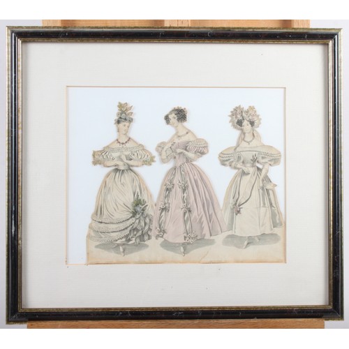 330 - After R Westall: a pair of prints, woman in a wood, in gilt strip frames, three fashion plate prints... 