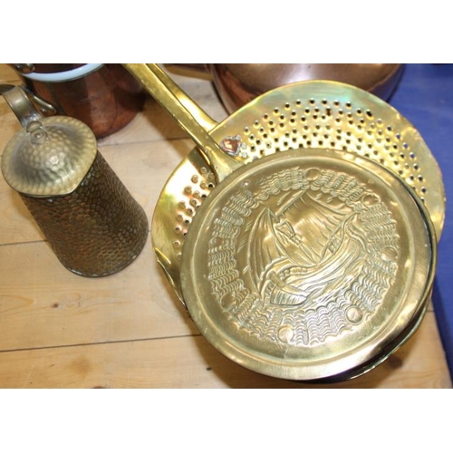 119 - A 19th century copper kettle, a brass cream skimmer, a brass kettle stand and other metalwares