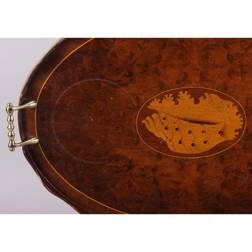 143 - A walnut and banded galleried tray with brass carrying handles