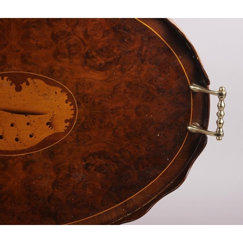 143 - A walnut and banded galleried tray with brass carrying handles