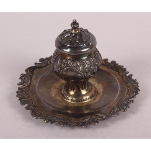 266 - A French white metal inkwell with Rococo decoration, 2.3oz troy approx