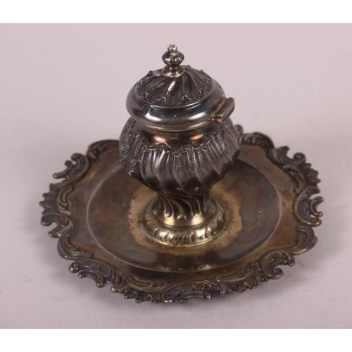 266 - A French white metal inkwell with Rococo decoration, 2.3oz troy approx