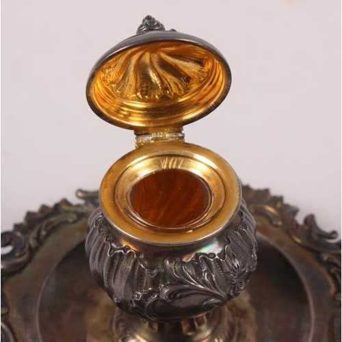 266 - A French white metal inkwell with Rococo decoration, 2.3oz troy approx